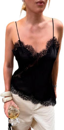 Women's Satin Camisole Top | Lace Trim V-Neck Open Back