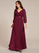 Women's Chiffon V-Neck A-Line Evening Dress | Long Sleeve