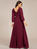 Women's Chiffon V-Neck A-Line Evening Dress | Long Sleeve