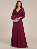 Women's Chiffon V-Neck A-Line Evening Dress | Long Sleeve