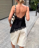 Women's Satin Camisole Top | Lace Trim V-Neck Open Back