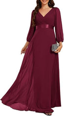 Women's Chiffon V-Neck A-Line Evening Dress | Long Sleeve