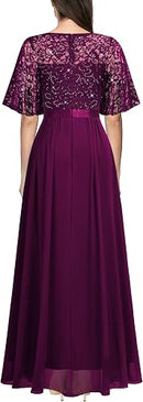 Women's Sequin Lace Wedding Guest Dress | Butterfly Sleeve Maxi