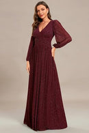 Women's Long Sleeve Glitter Evening Gown | Fall Formal Dress