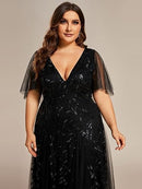 Plus Size Sequin V-Neck Formal Evening Gown | A-Line Dress