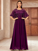 Women's Sequin Lace Wedding Guest Dress | Butterfly Sleeve Maxi