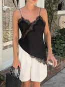 Women's Satin Camisole Top | Lace Trim V-Neck Open Back