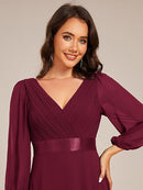 Women's Chiffon V-Neck A-Line Evening Dress | Long Sleeve