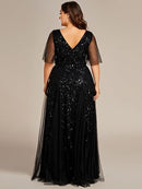 Plus Size Sequin V-Neck Formal Evening Gown | A-Line Dress
