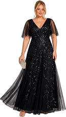 Plus Size Sequin V-Neck Formal Evening Gown | A-Line Dress