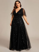 Plus Size Sequin V-Neck Formal Evening Gown | A-Line Dress
