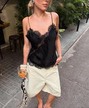 Women's Satin Camisole Top | Lace Trim V-Neck Open Back